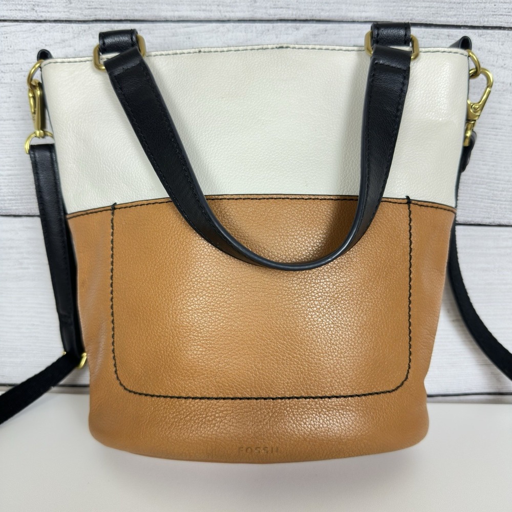 FOSSIL Amelia Bucket Purse Brown/Cream Two-Toned Leather Crossbody‎ Boho Western